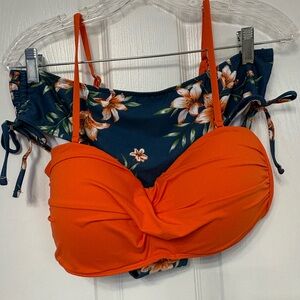 Two-Piece Women's Orange Twist Bikini Top with Floral Bottoms